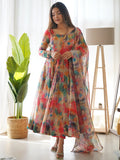 Red Tabby Organza Silk Anarkali set with kali pattern and canvas-attached flair