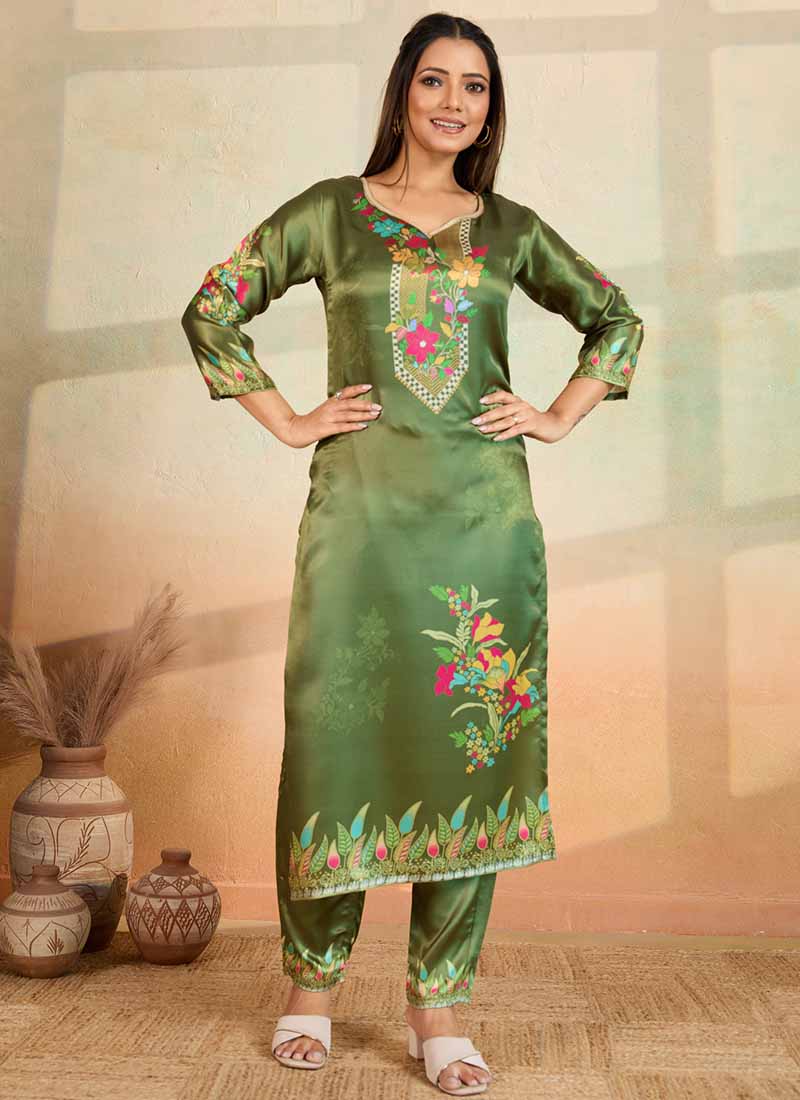Mahendi Green printed cotton rayon kurta pant set with elegant detailing