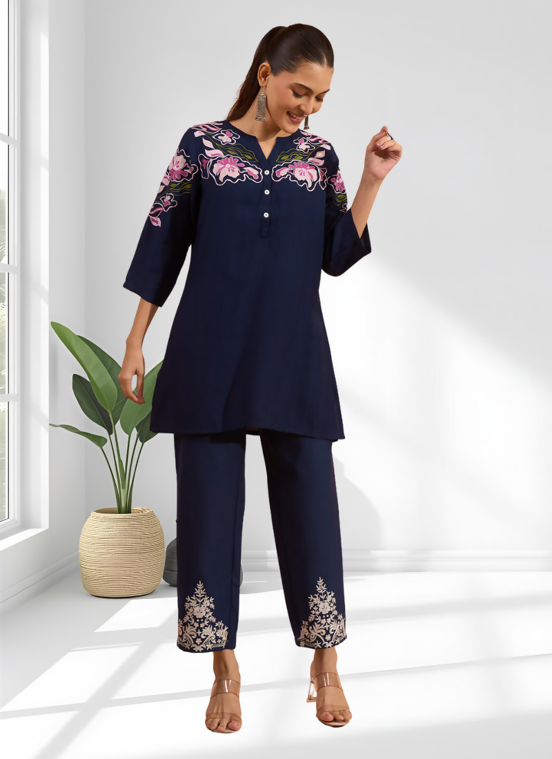 Navy Blue cotton linen cord set with delicate embroidery and split V-neck
