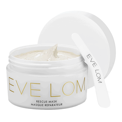 EVE LOM Rescue Mask, a deep cleansing clay treatment in iconic white and gold packaging