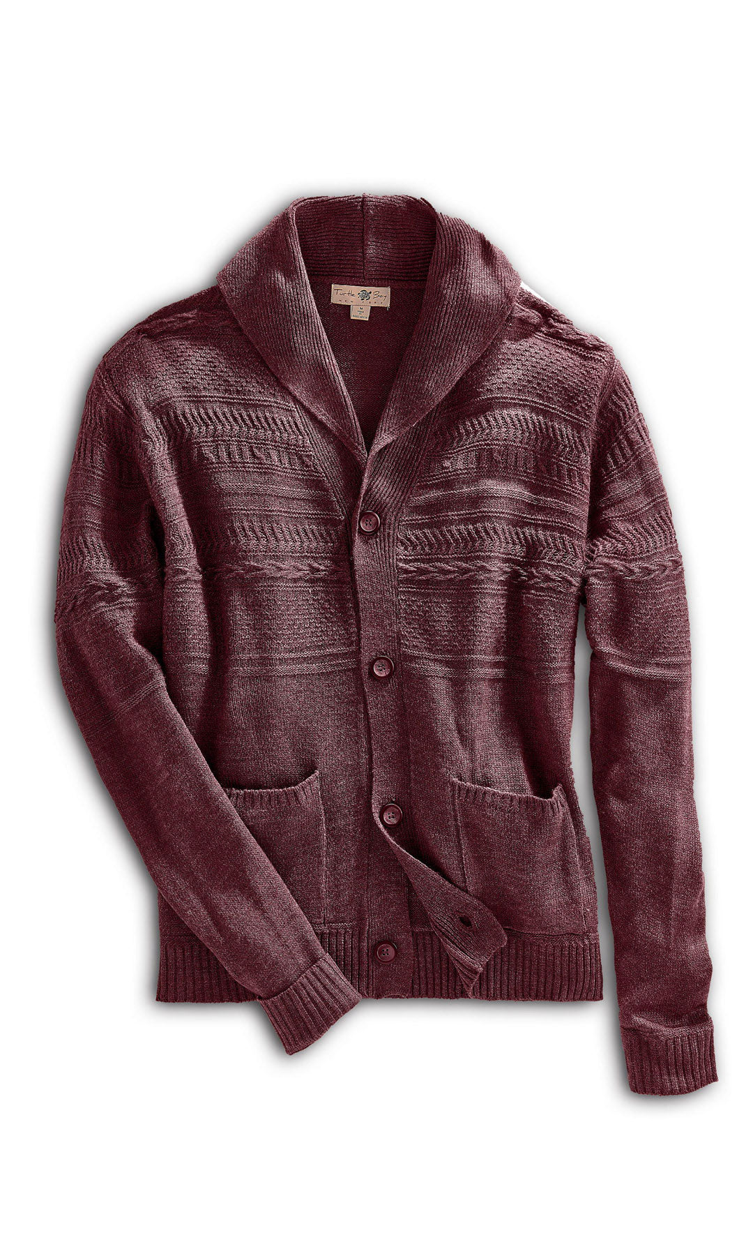 Men's Jacquard Knit Shawl Collar Cardigan in Burgundy or Charcoal