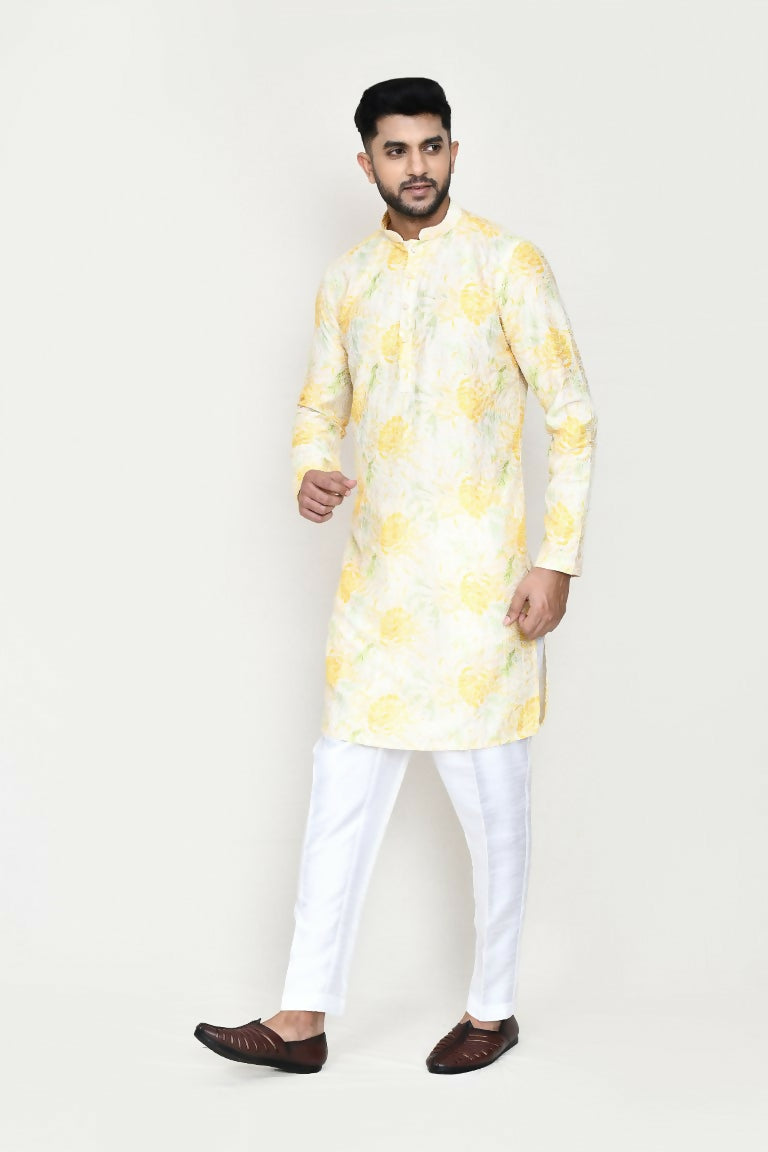 Bright yellow kurta with digital print detail and matching straight-fit pants.