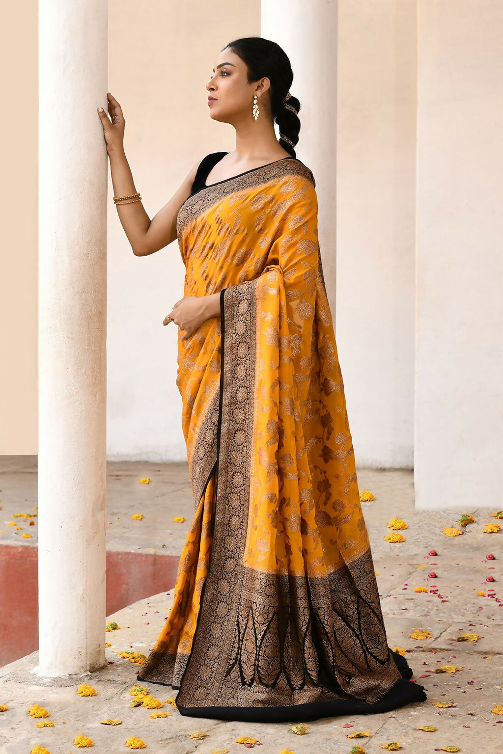 Yellow Crepe Chiffon Pure Handloom Banarasi Silk Saree