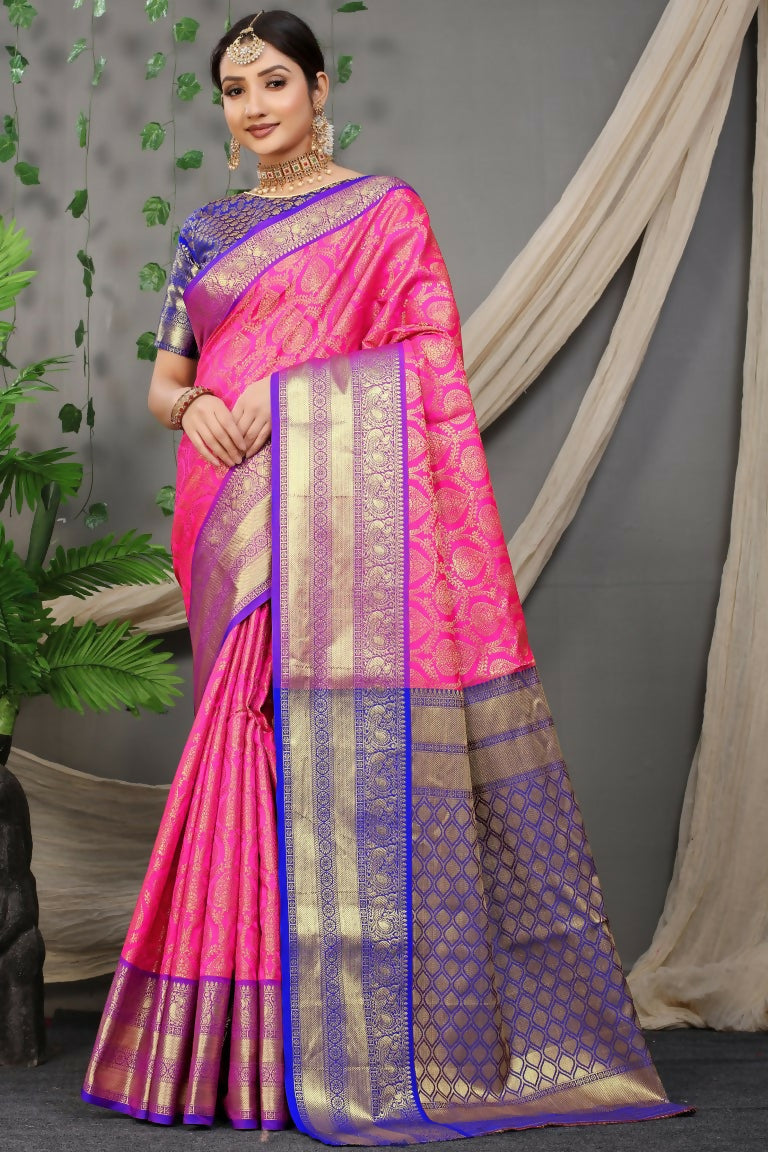 Pink Kanjivaram Silk Saree with Zari work and contrasting blue blouse