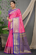 Pink Kanjivaram Silk Saree with Zari work and contrasting blue blouse