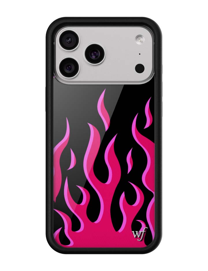 iPhone case with a black background and vibrant pink flame pattern with signature logo