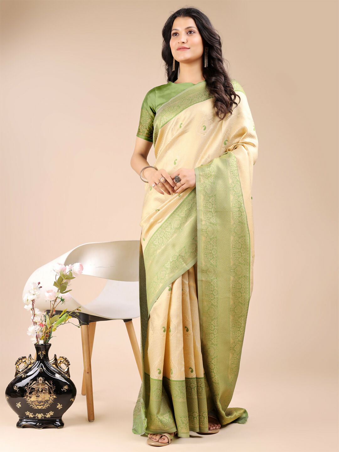 Cream and Light Green Banarasi Silk Saree for Festive Wear