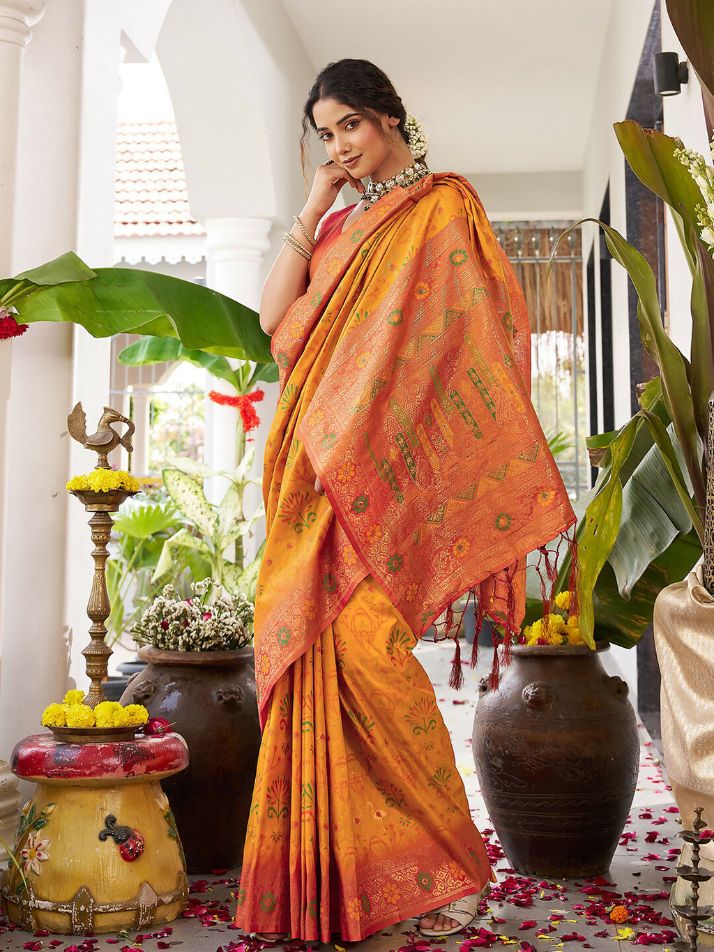 Yellow Soft Silk Saree with Contrast Orange Blouse Piece