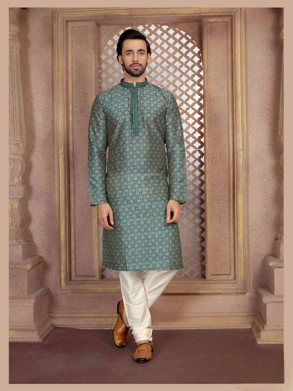 A stylish green kurta with intricate digital prints paired with comfortable pyjamas for boys.