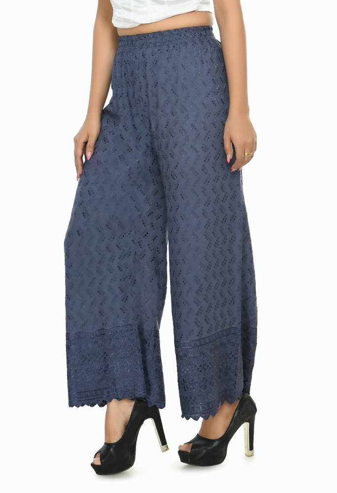 Grey Rayon Cotton Palazzo Pants with Chikankari Work