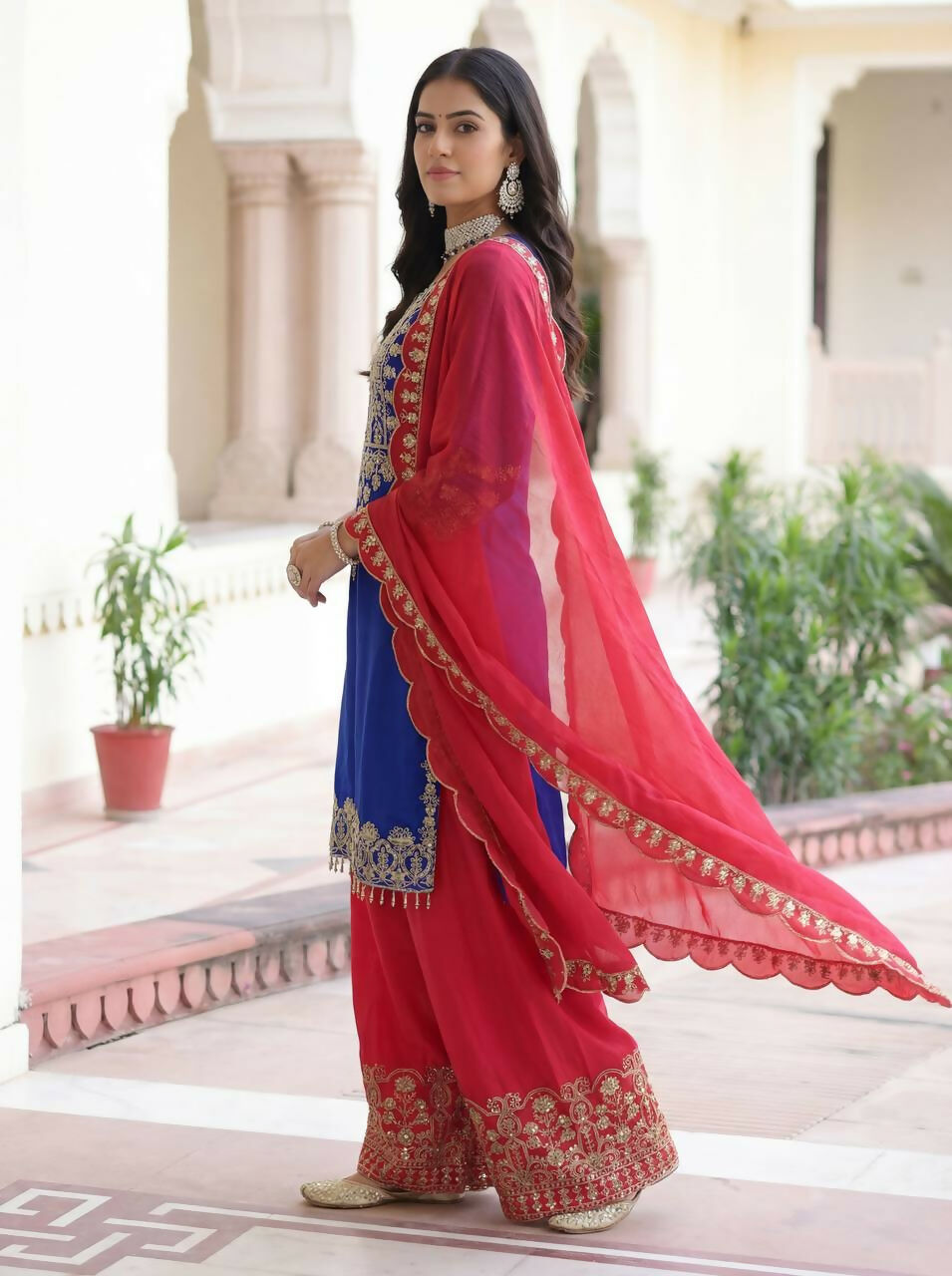 Blue Silk Embroidered Sharara Set for Traditional Occasions