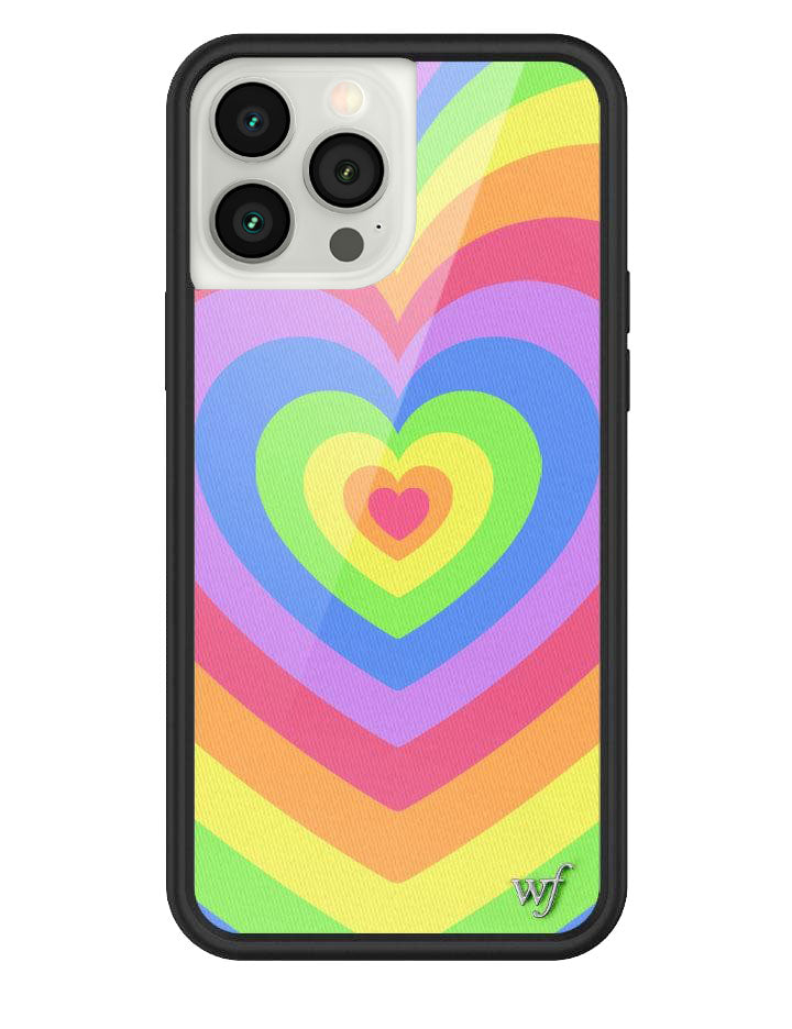 Rainbow patterned heart iPhone case with a black protective bumper and silver wf logo.