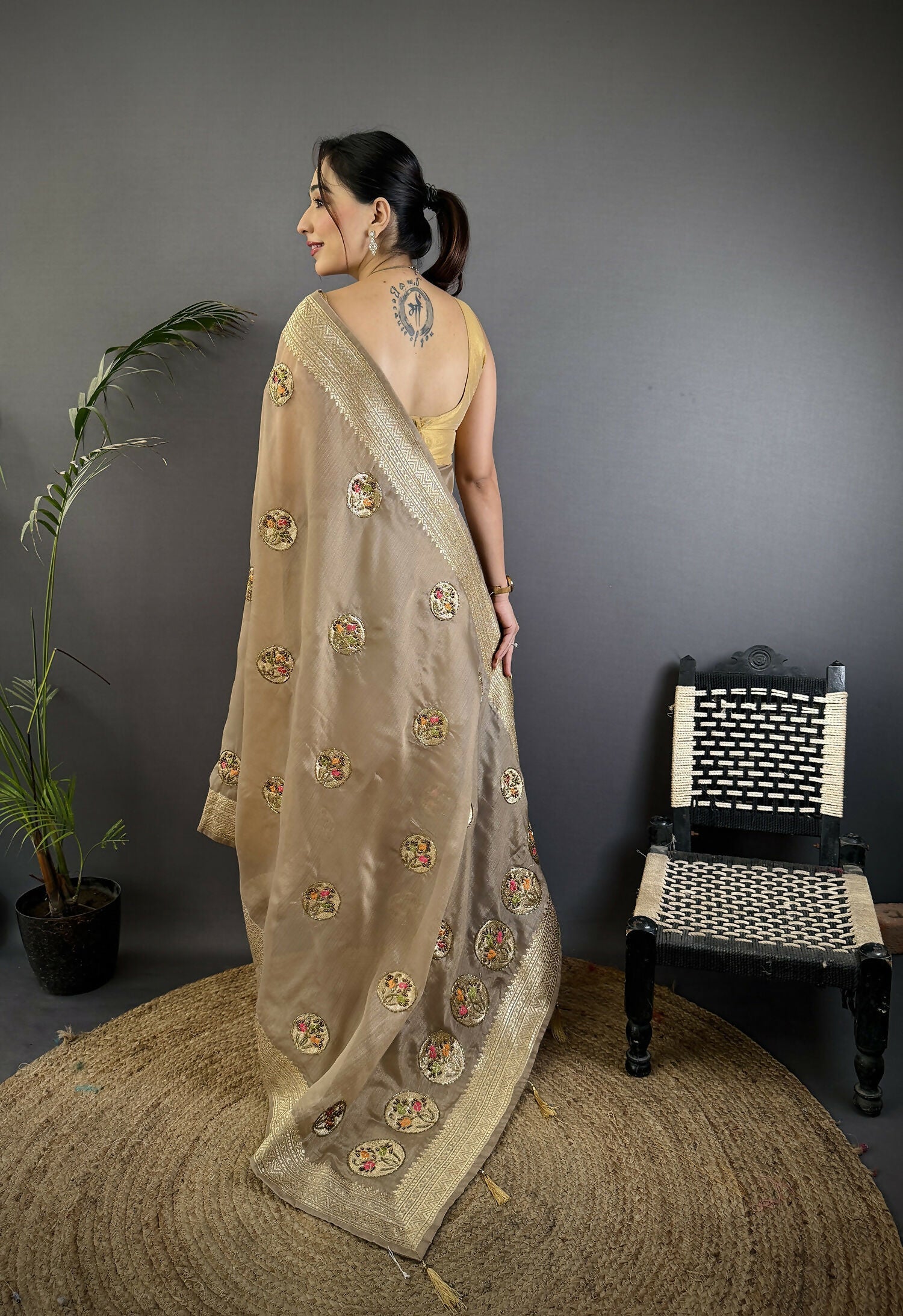 Mud Brown Handloom Banarasi Organza Silk Khatali Butta Saree