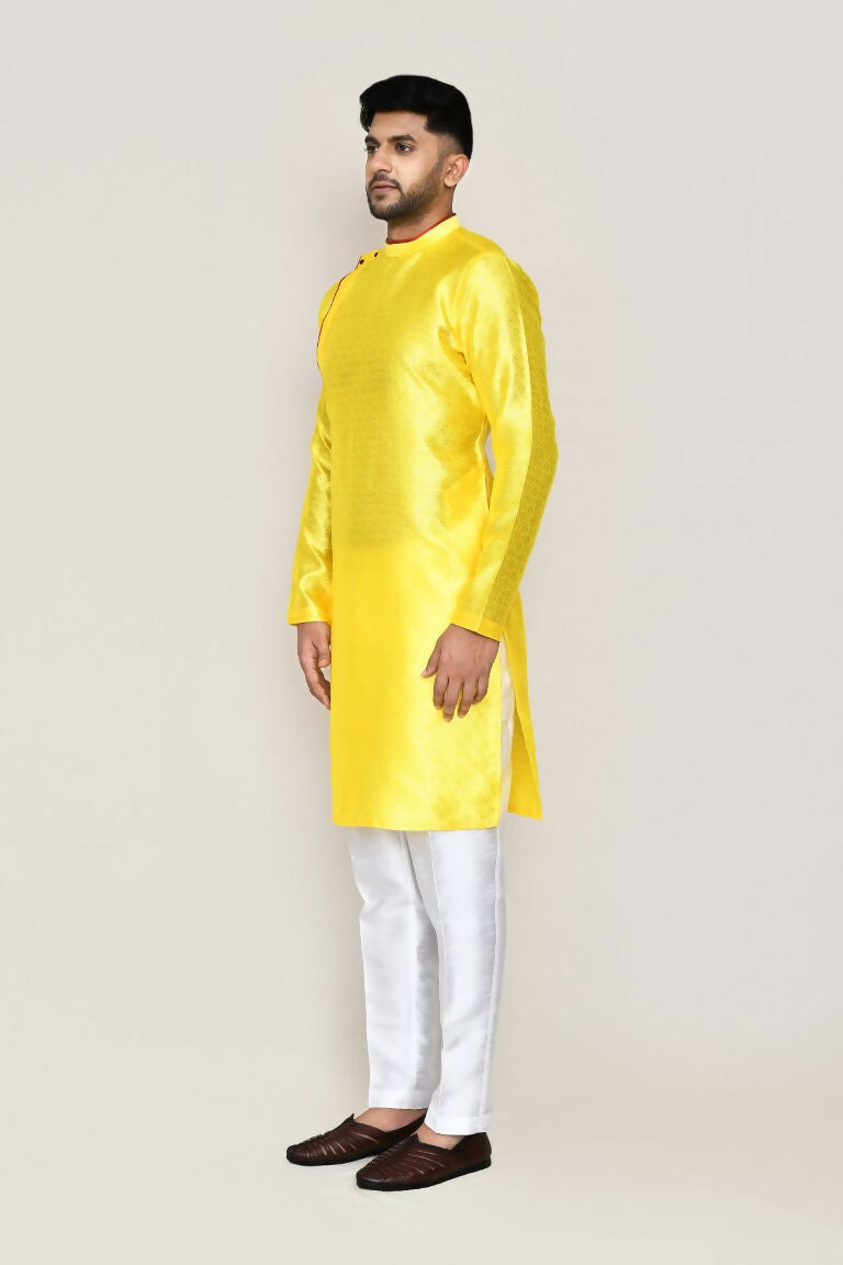Yellow Jacquard Silk Kurta and Straight Fit Pant Set