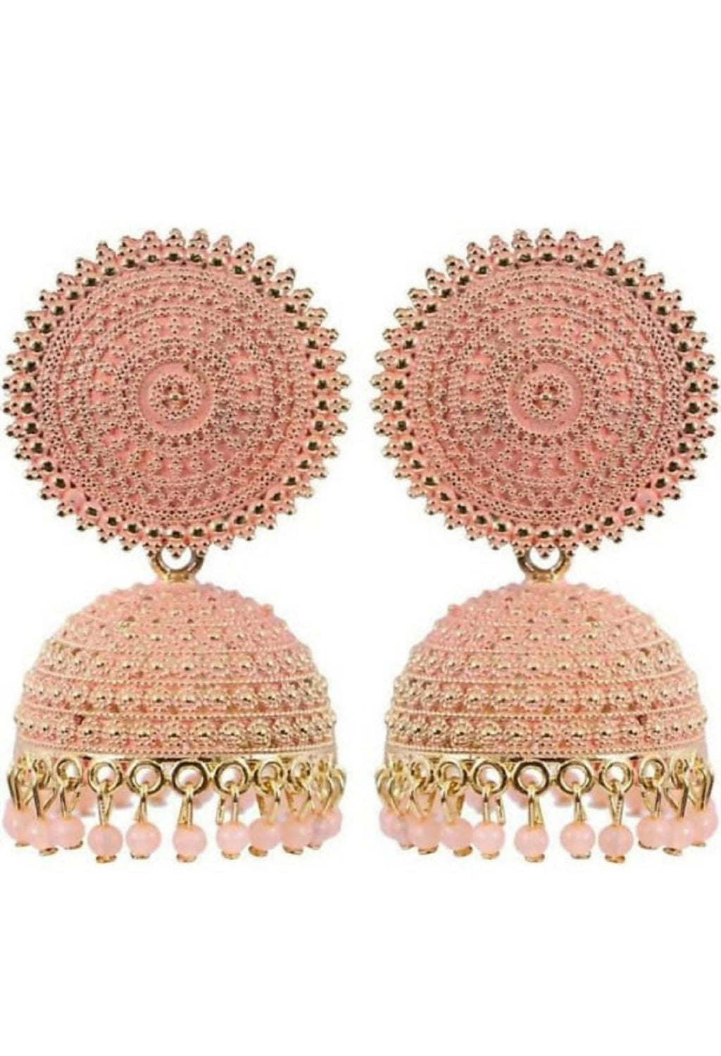 Delicate peach gold-plated Meenakari Jhumka earrings with pearl accents