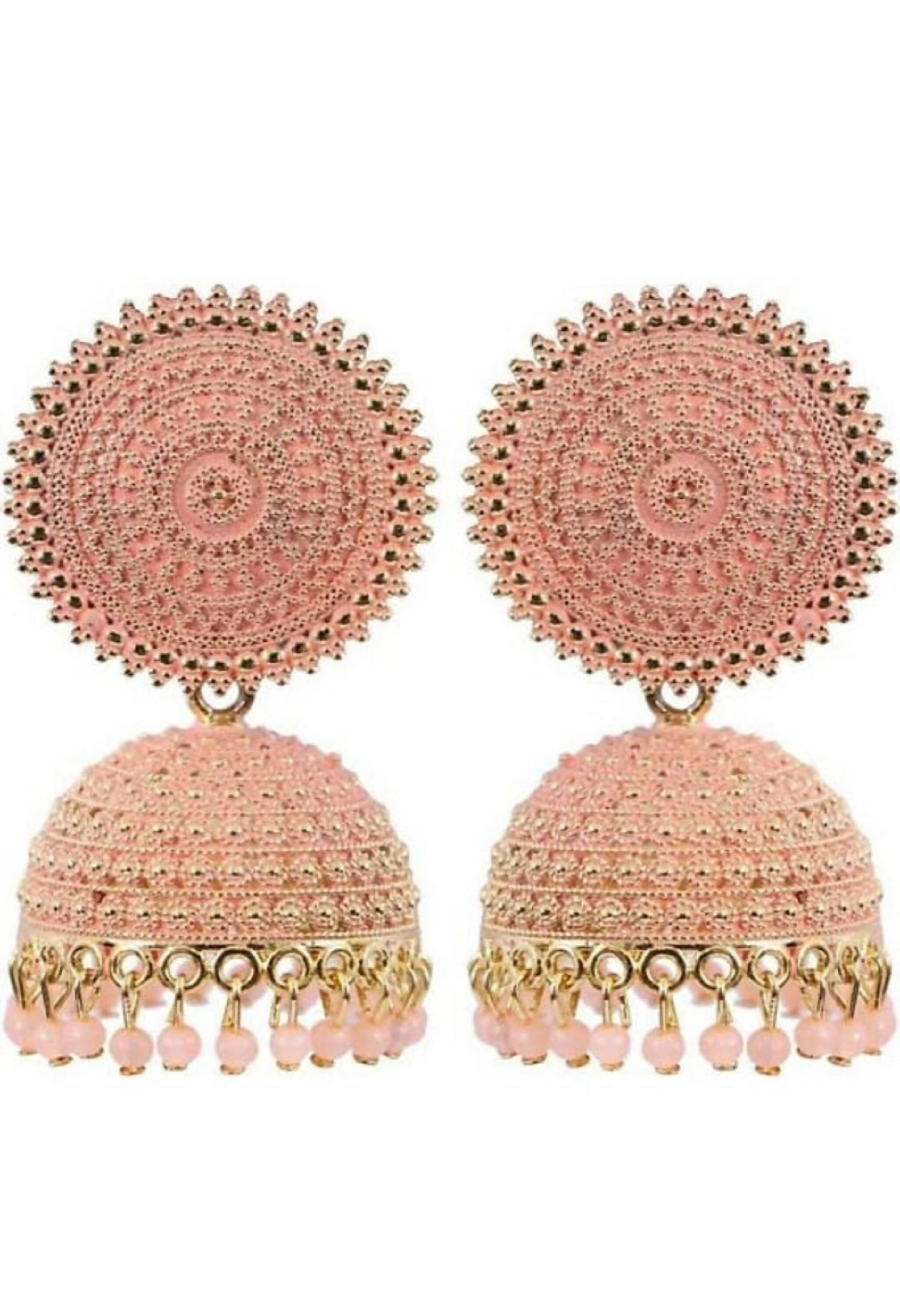 Delicate peach gold-plated Meenakari Jhumka earrings with pearl accents