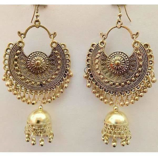 Fancy oxidized gold-polished jhumka earrings