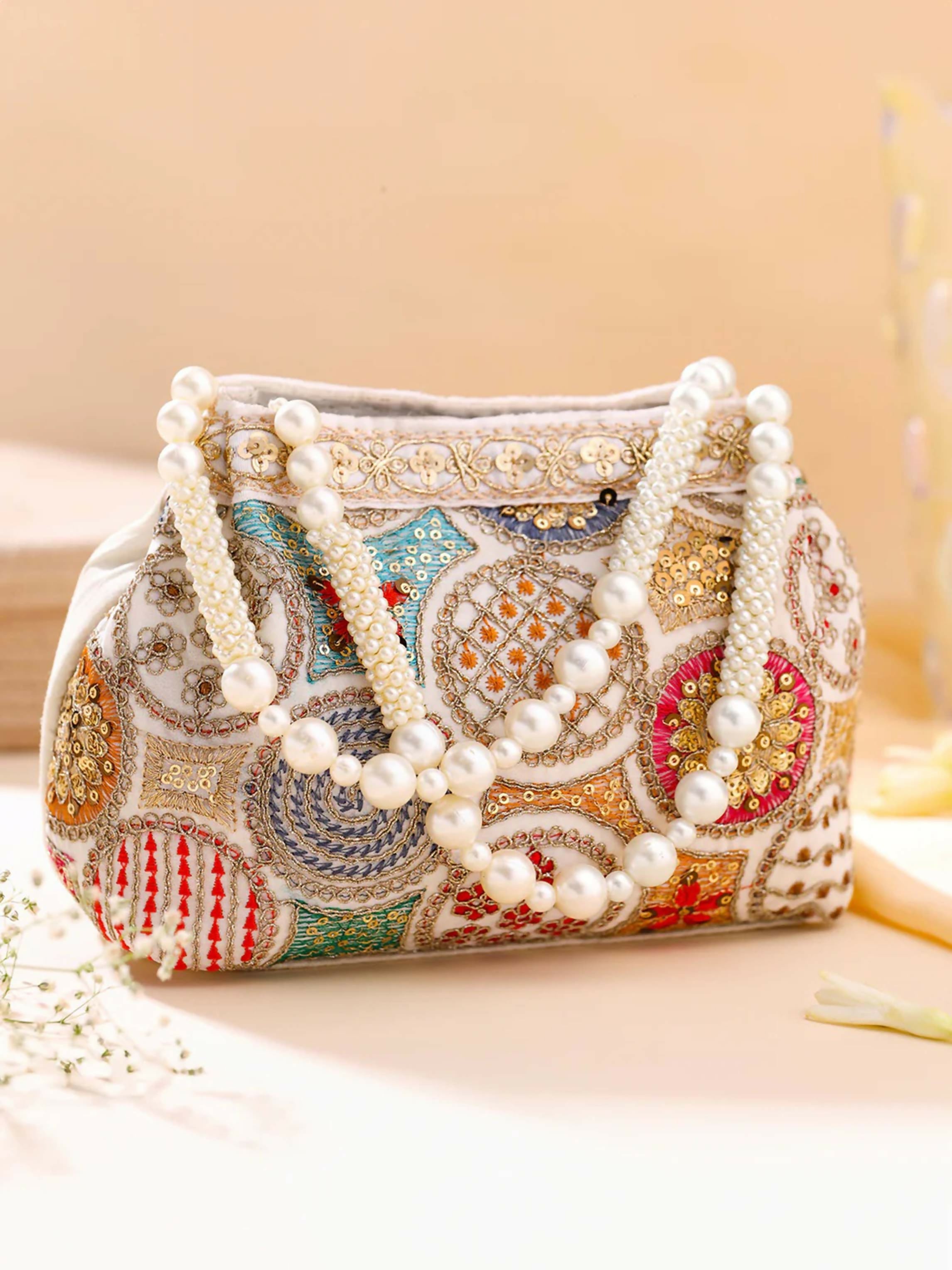 Multicolor traditional potli handbag with geometric print and gold accents