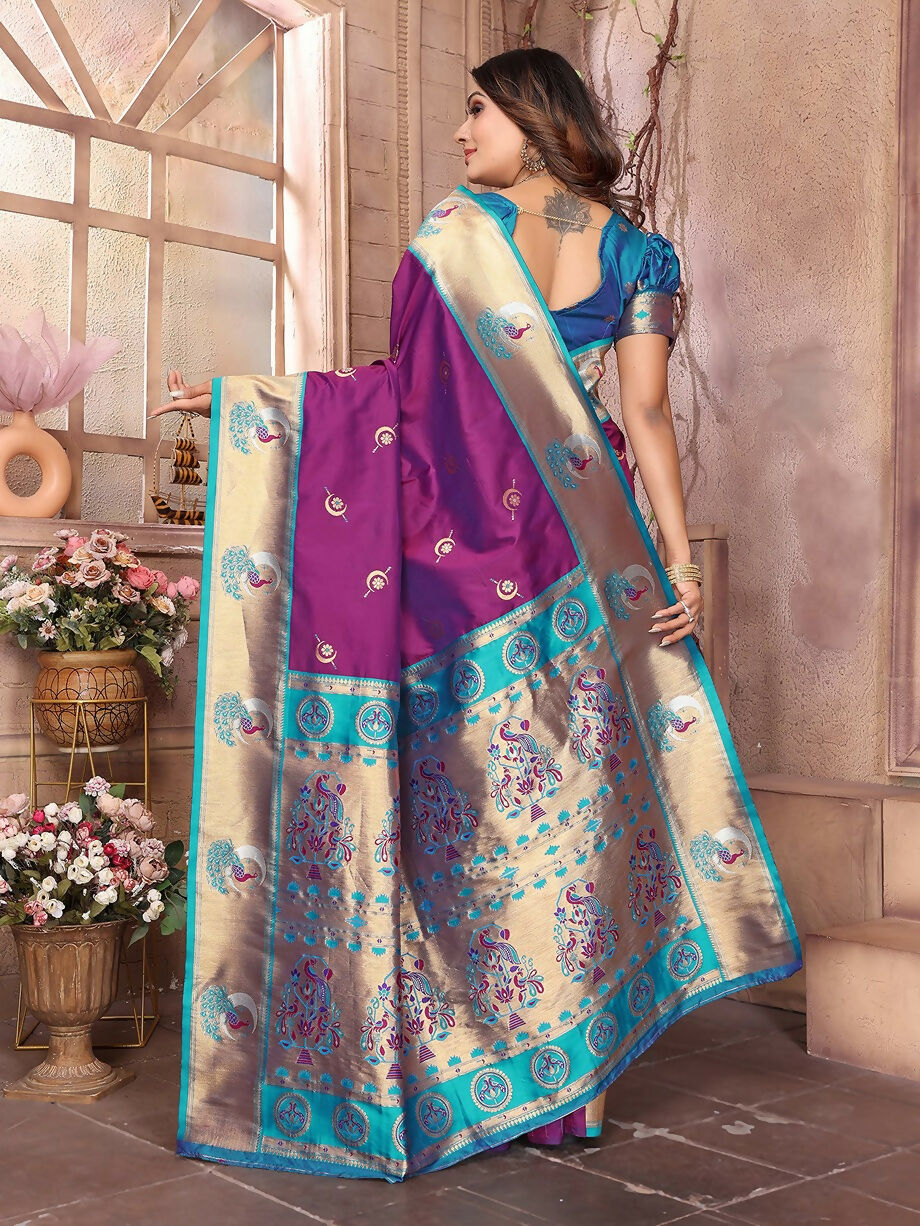 Wine Paithani Soft Silk Saree with Woven Accents