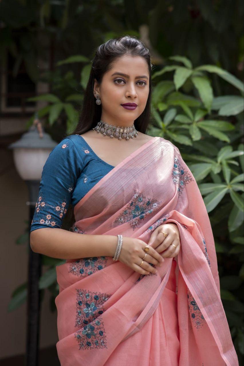 Brick Pure Linen Ethnic Motifs Saree with Unstitched Blouse