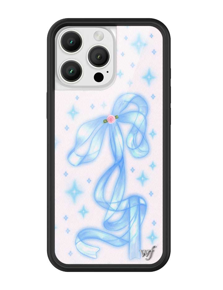 Sparkle Girl iPhone case featuring a blue ribbon design, sparkling stars, and a black rubber bumper.