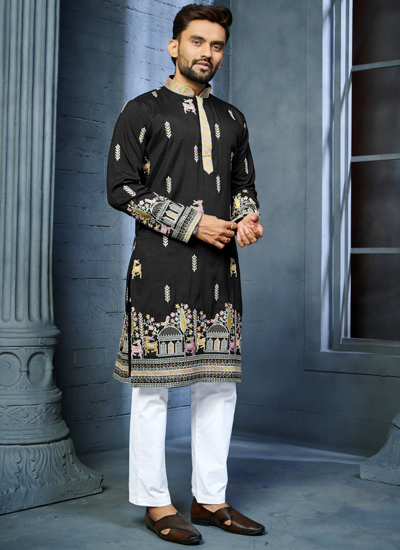 Black A-Line Silk Kurta with Multi-Thread Deer Pattern Embroidery