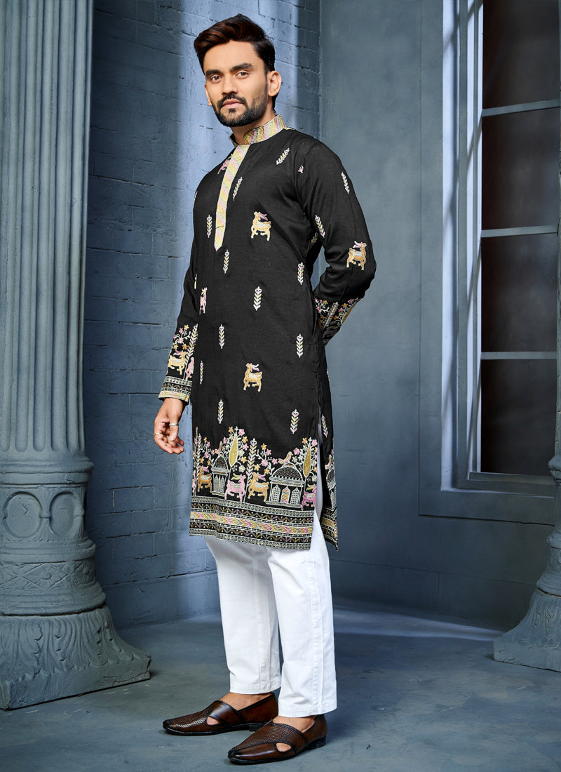 Black A-Line Silk Kurta with Multi-Thread Deer Pattern Embroidery