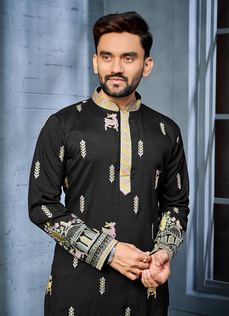 Black A-Line Silk Kurta with Multi-Thread Deer Pattern Embroidery