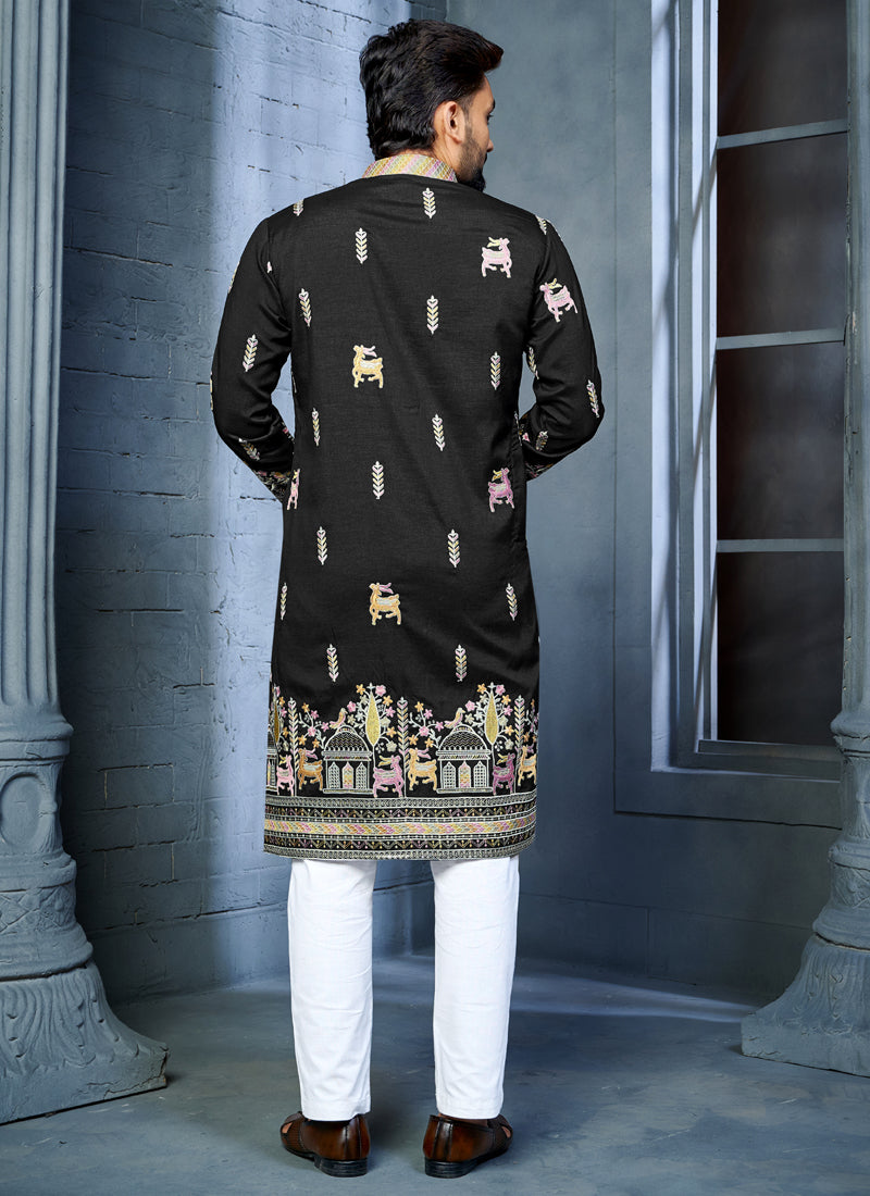 Black A-Line Silk Kurta with Multi-Thread Deer Pattern Embroidery