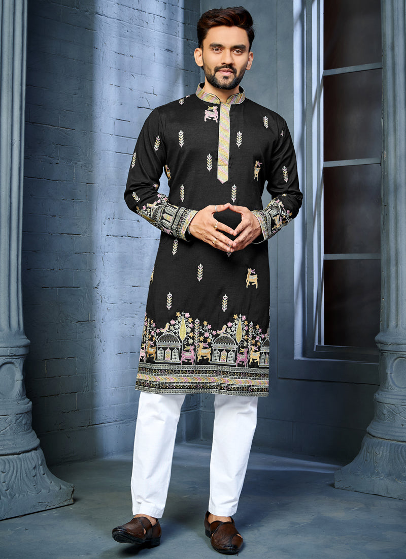 Black A-line silk kurta with multi-thread deer pattern embroidery on the daaman hem