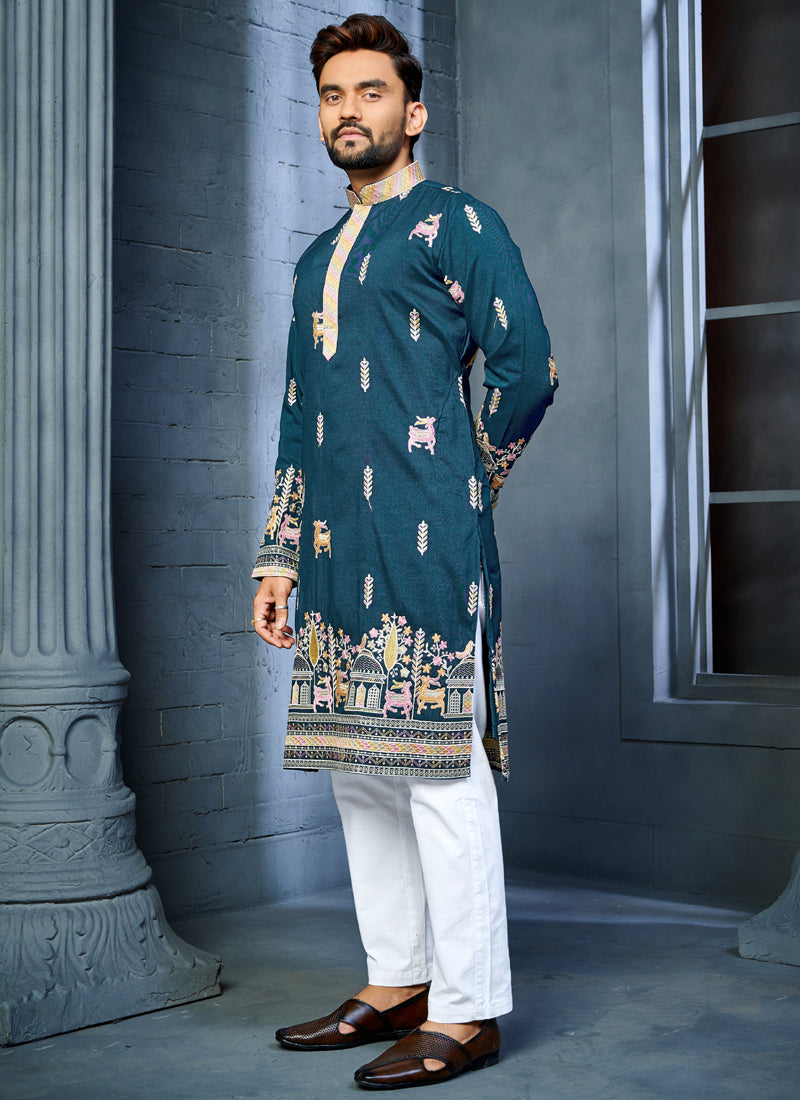 Blue Soft Silk A-Line Kurta with Multi Thread Deer Embroidery