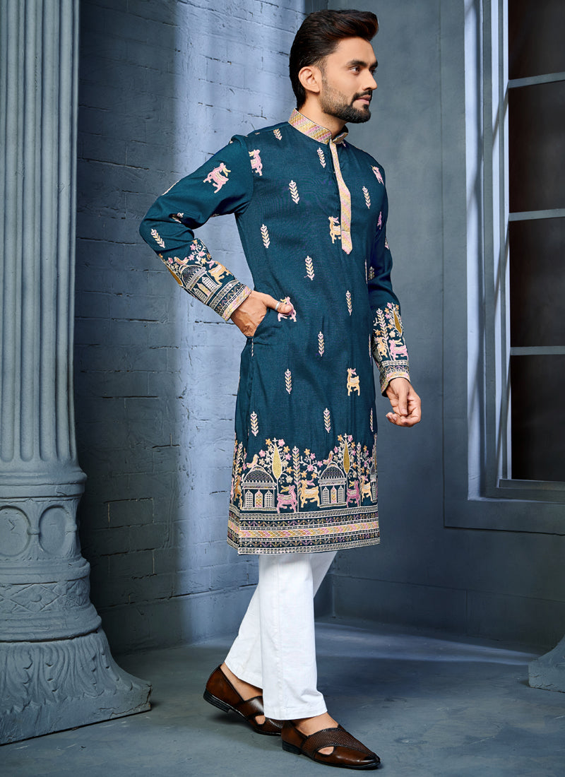 Blue Soft Silk A-Line Kurta with Multi Thread Deer Embroidery