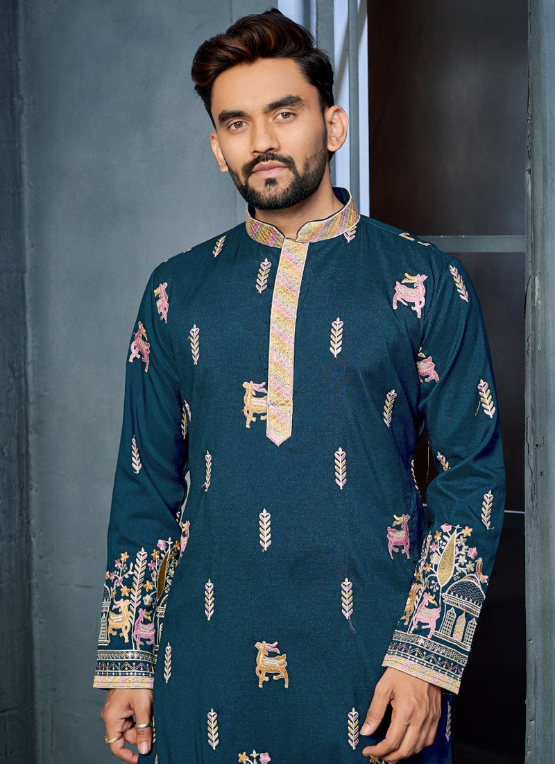 Blue Soft Silk A-Line Kurta with Multi Thread Deer Embroidery