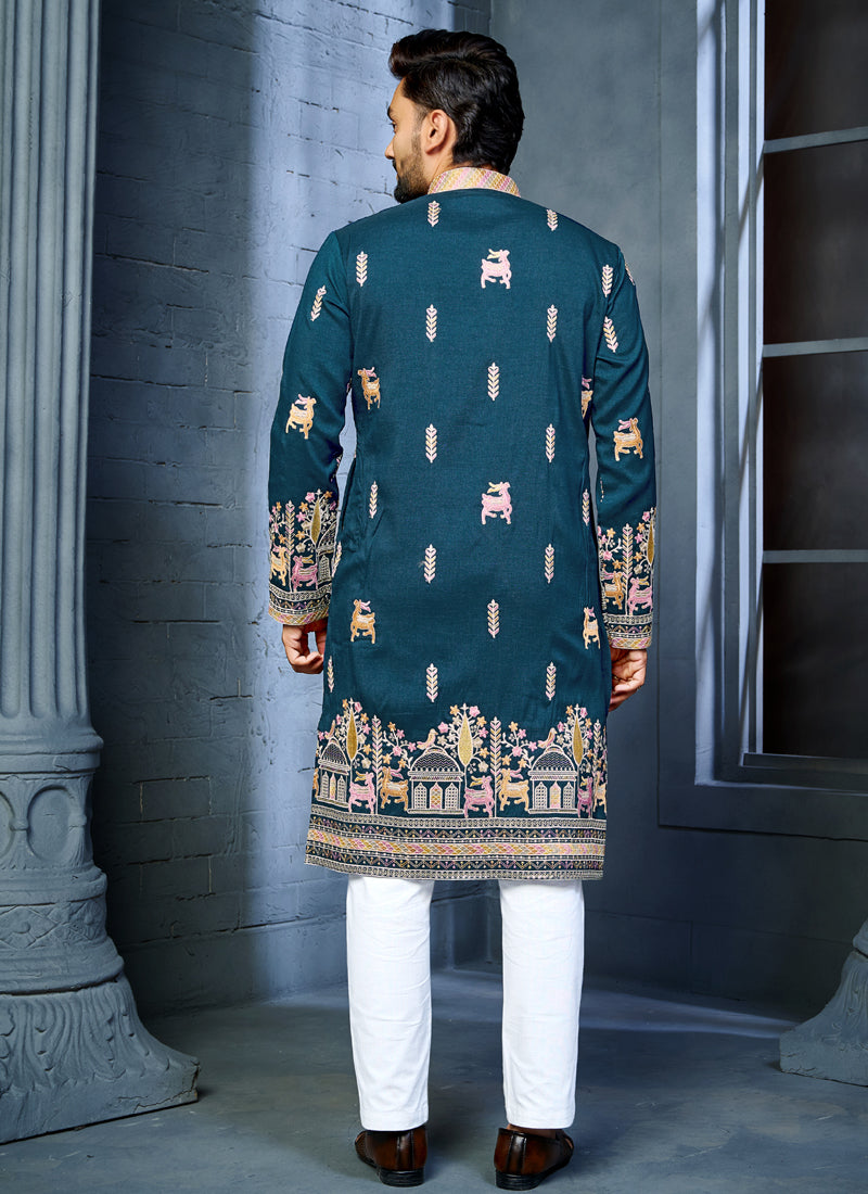 Blue Soft Silk A-Line Kurta with Multi Thread Deer Embroidery