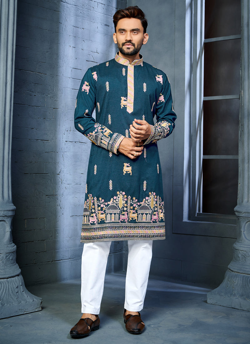 A blue soft silk A-line kurta with intricate multi-thread embroidery featuring a deer pattern on the daaman.