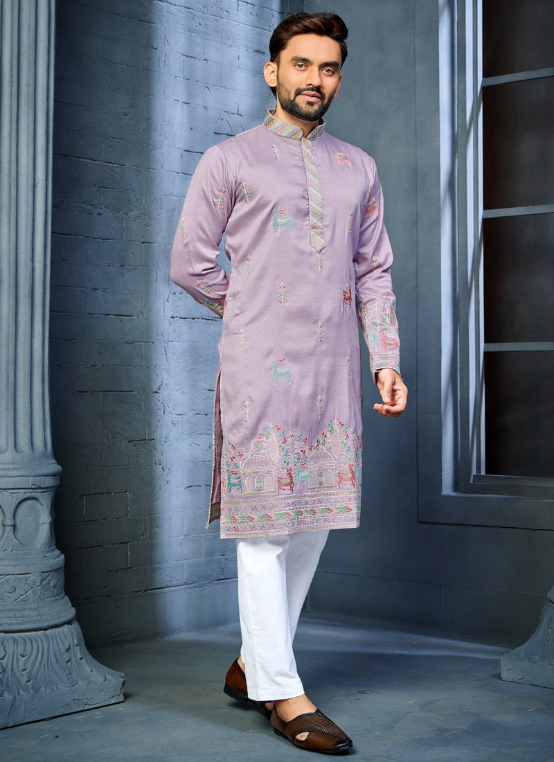 Lavender Soft Silk A-Line Kurta with Deer Pattern Embroidery