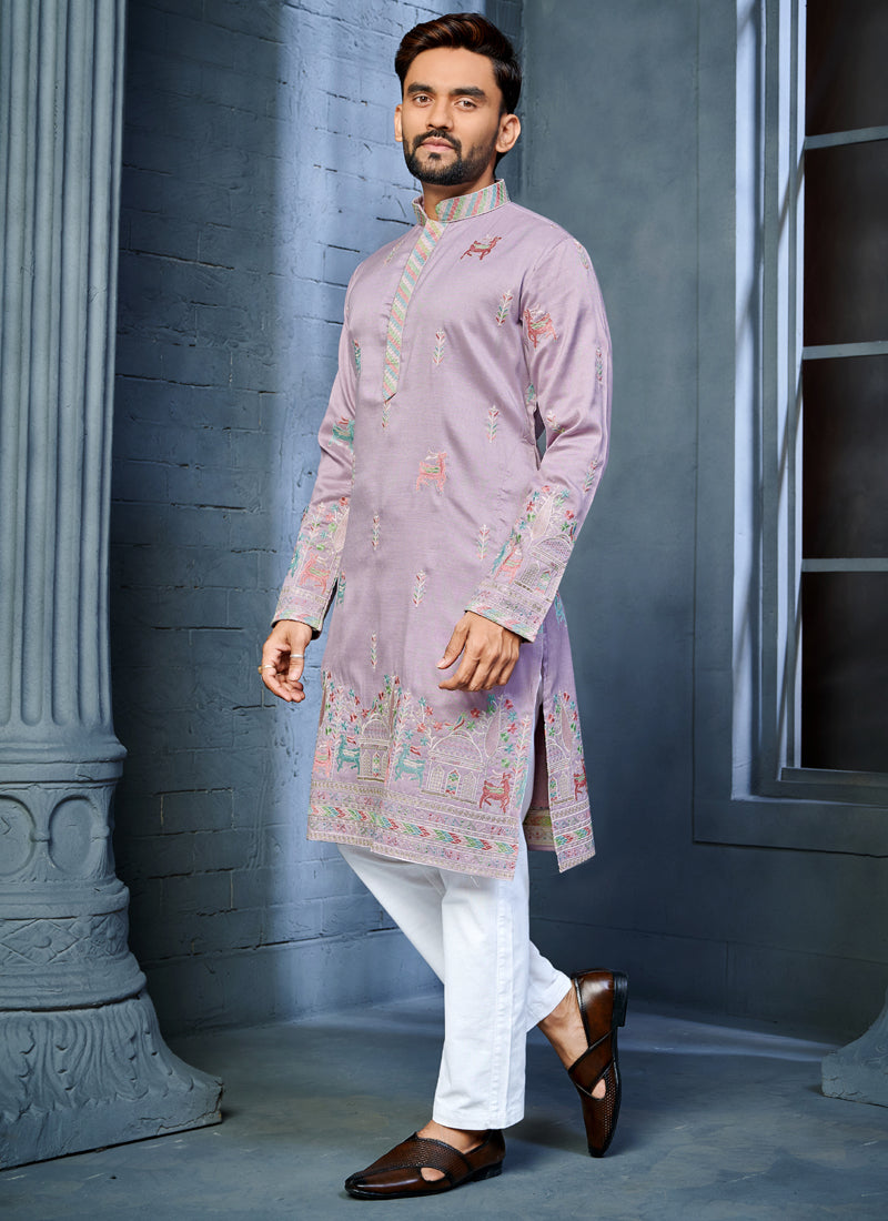 Lavender Soft Silk A-Line Kurta with Deer Pattern Embroidery