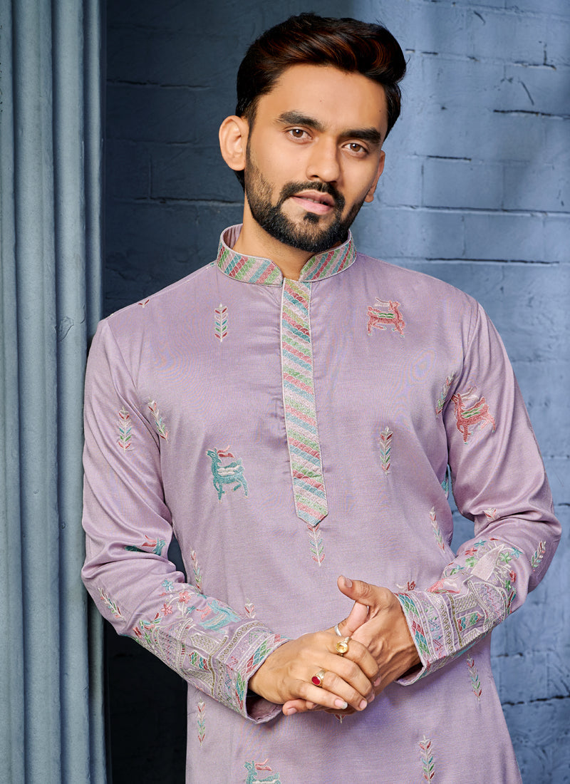 Lavender Soft Silk A-Line Kurta with Deer Pattern Embroidery