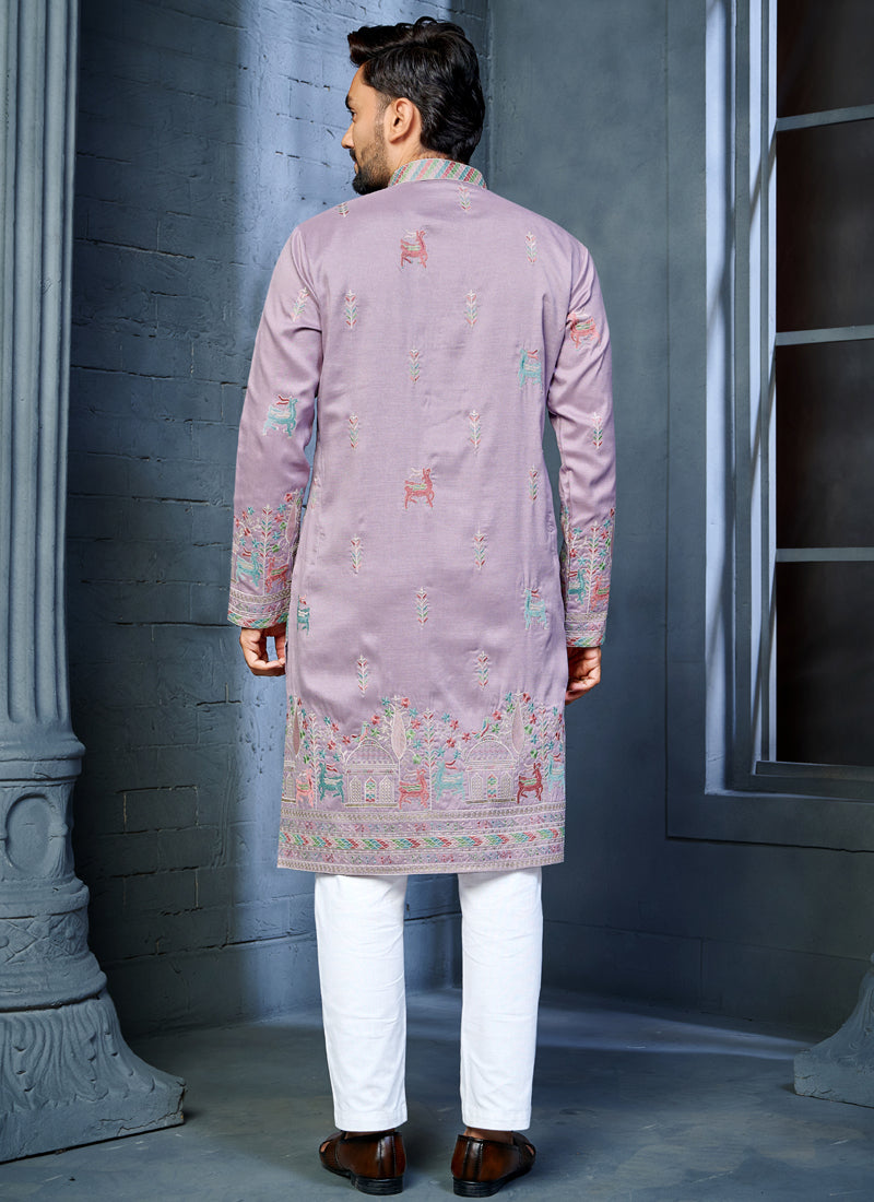 Lavender Soft Silk A-Line Kurta with Deer Pattern Embroidery