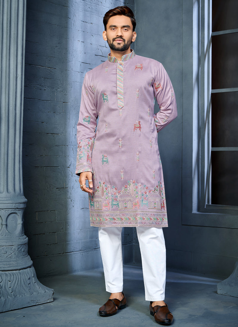 Lavender soft silk A-line kurta with multi-thread deer pattern embroidery at the hem