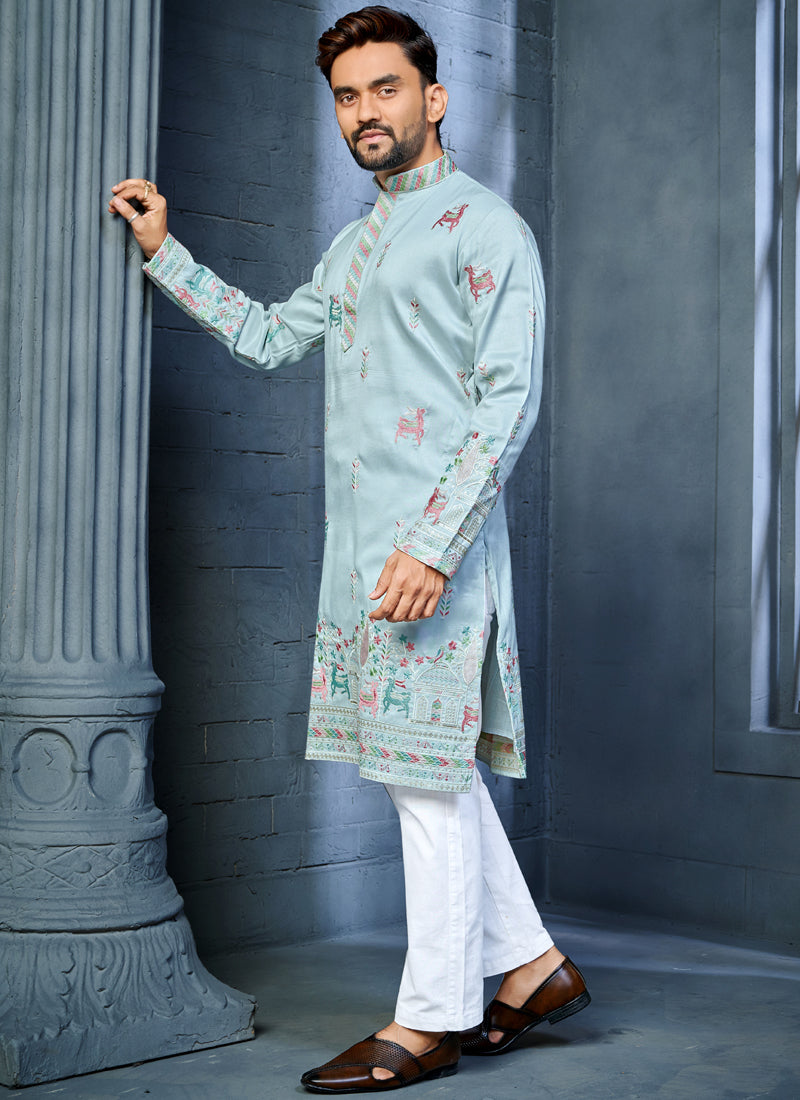 Light Sky Blue Soft Silk A-Line Kurta with Deer Pattern Embroidery