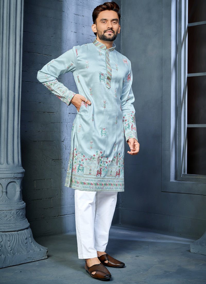 Light Sky Blue Soft Silk A-Line Kurta with Deer Pattern Embroidery