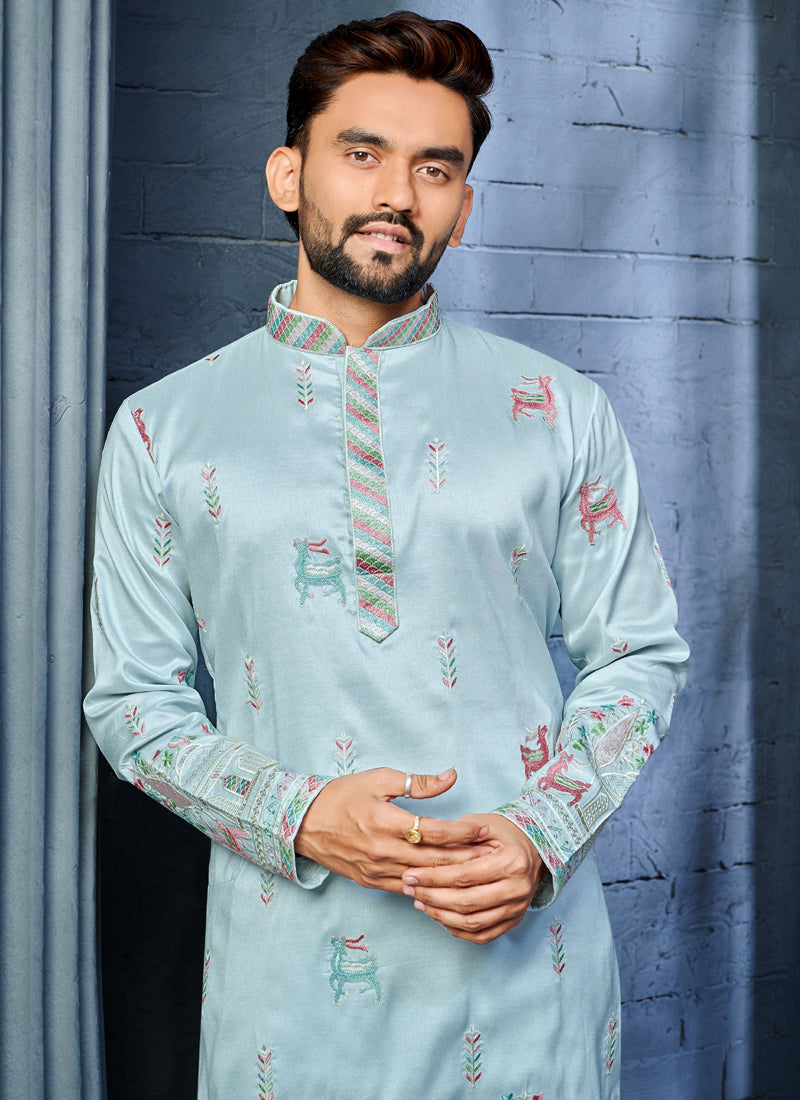 Light Sky Blue Soft Silk A-Line Kurta with Deer Pattern Embroidery