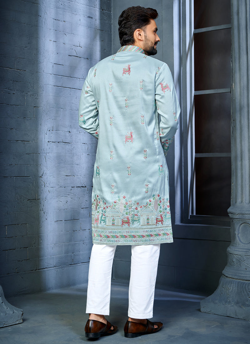 Light Sky Blue Soft Silk A-Line Kurta with Deer Pattern Embroidery