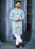 Light sky blue soft silk A-line kurta with deer-pattern embroidery on the hem
