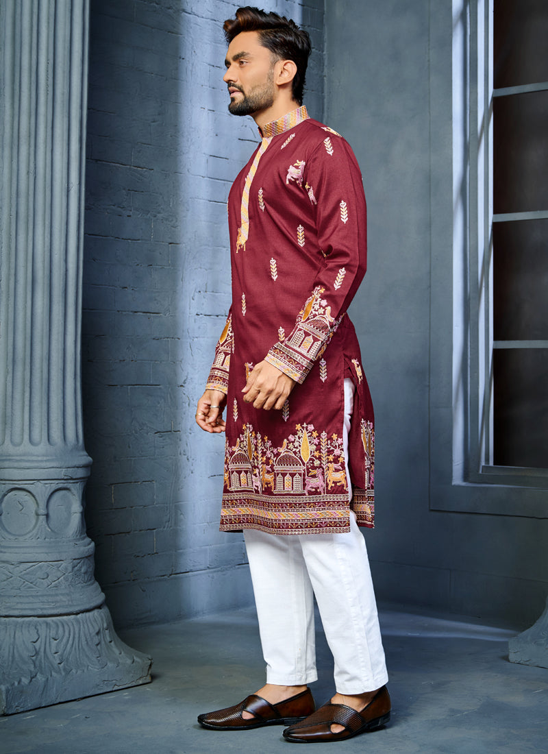 Maroon Silk A-Line Kurta with Multi-Thread Deer Embroidery