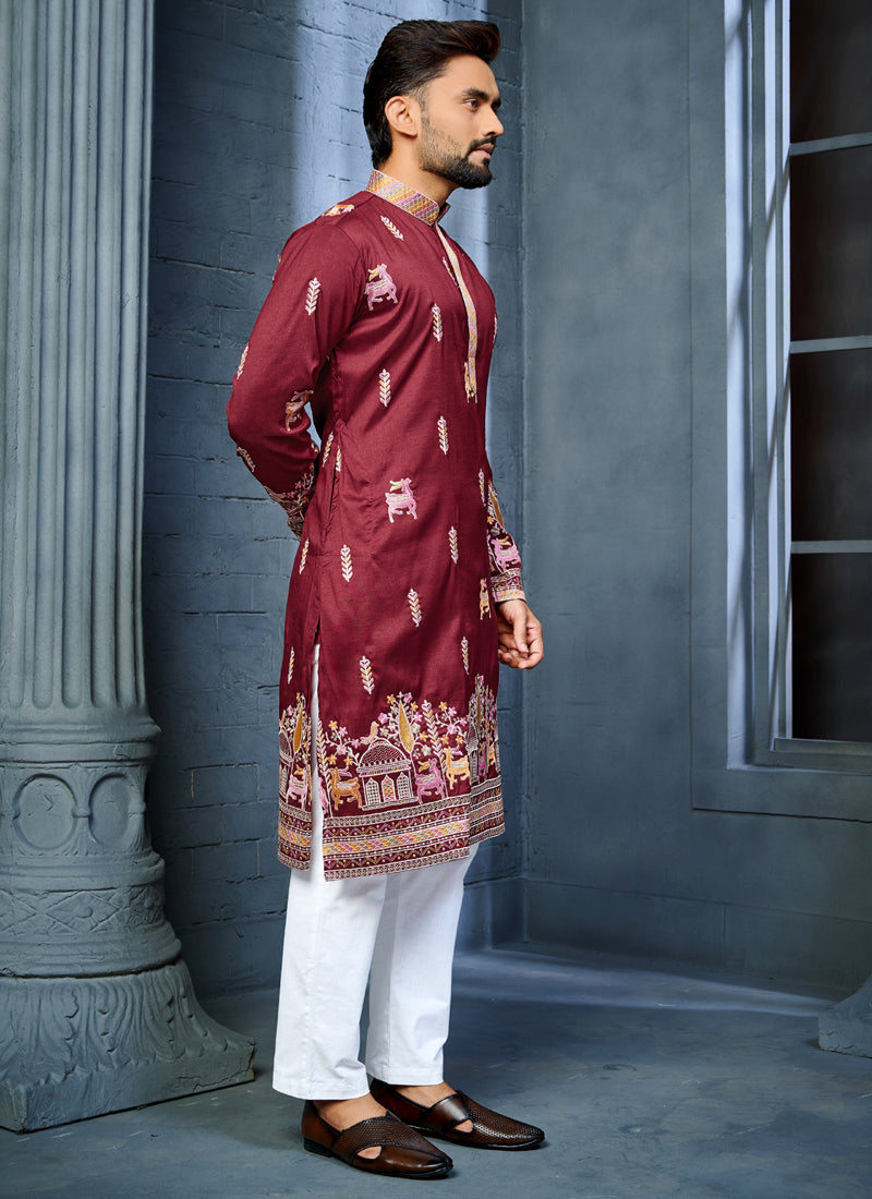 Maroon Silk A-Line Kurta with Multi-Thread Deer Embroidery
