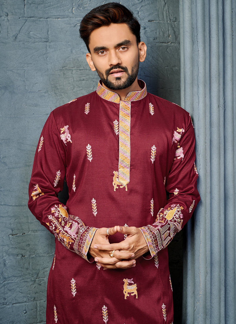 Maroon Silk A-Line Kurta with Multi-Thread Deer Embroidery