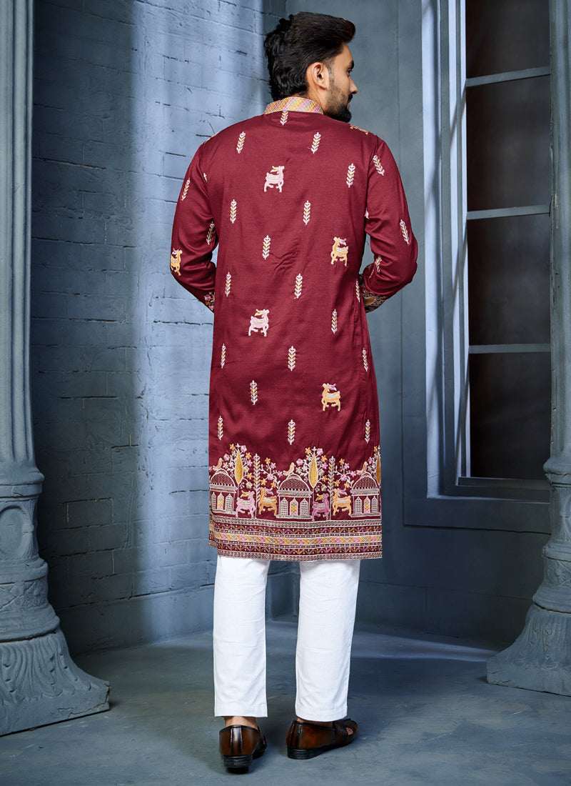 Maroon Silk A-Line Kurta with Multi-Thread Deer Embroidery