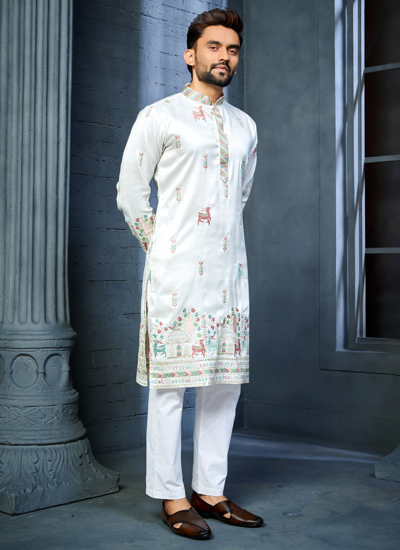 Off White Silk Kurta with Multi Thread Deer Pattern Embroidery